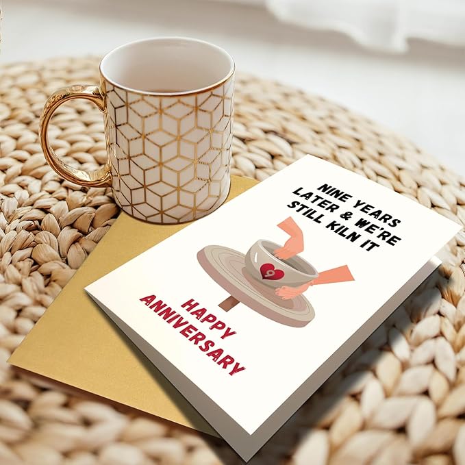 Funny 9th Anniversary Card & Gift for Husband Wife, Pottery Anniversary Pun Card Gifts for Him Her, 9 Years Together Wedding Anniversary Card for Couple, Nine Years Later & We're Still Kiln It