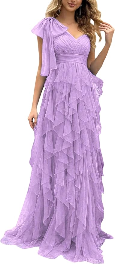 Summer Women Tulle Prom Dress Elegant Bow One Shoulder Slit Evening Party Gown Wedding Guest Bridesmaid Maxi Dress