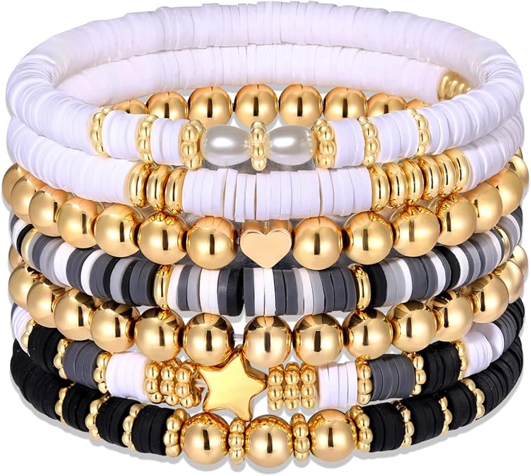 Surfer Heishi Bracelets for Women Stackable Rainbow Vinyl Disc Clay Beaded Stretch Bracelets Elastic Layering Friendship Bracelets Boho Summer Beach Jewelry