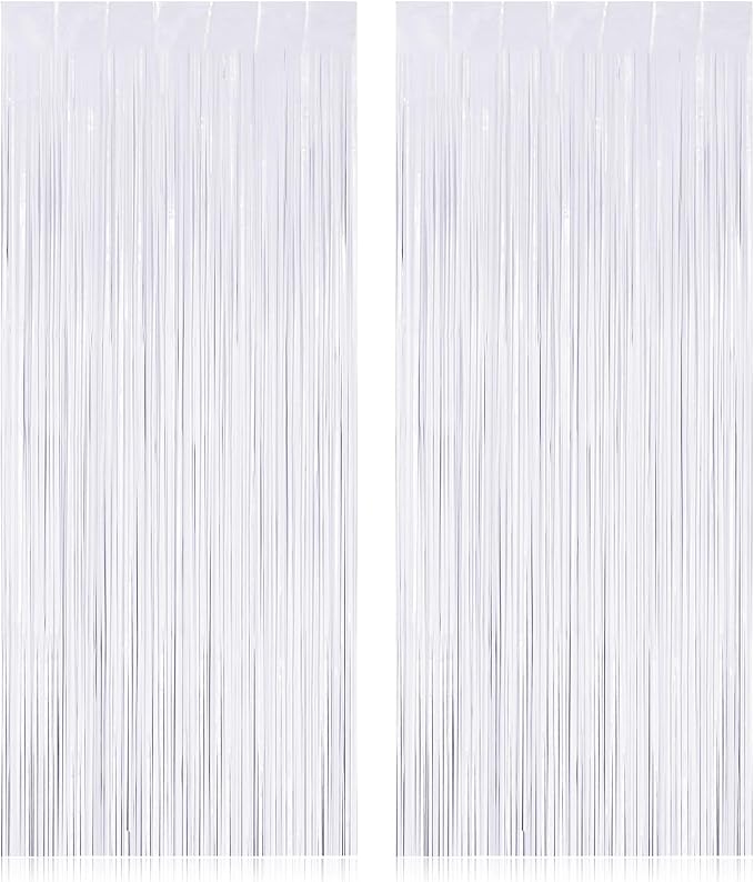 2 Pack Fringe Curtains Backdrops, Foil Fringe Curtains, Door Streamers for Birthday Wedding Bridal Shower Holiday Graduation Party Decorations, Photo Booth Backdrops, White
