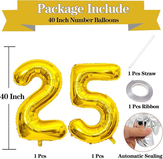 Large Gold 25 Number Balloons, 40 Inch Jumbo Number 25 Balloon, Gold Foil Mylar Balloons for Girl Sweet 25th Birthday Party, Anniversary Decorations