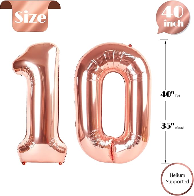 Rose Gold Number 10 Balloon 40 inch, 10 Number Balloons, 10th Birthday Decorations for Girls Boys, 10 Year Old Rose Gold Party Supplies