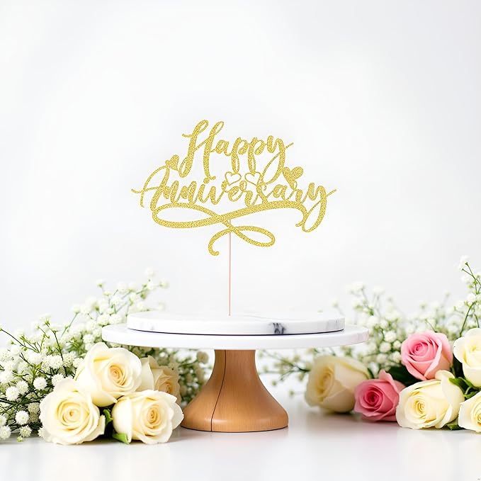Happy Anniversary Cake Topper, celebrate Company Wedding Birthday Party Decoration Gold Glitter(Anniversary)