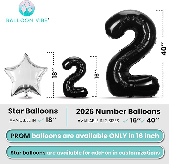 BALLOON VIBE PROM 2026 Balloons - Foil Letter Balloon Décor for Graduation Party - Prom Party Decorations Banner 16" and 40" with Ribbon, Straws & Adhesive Dots