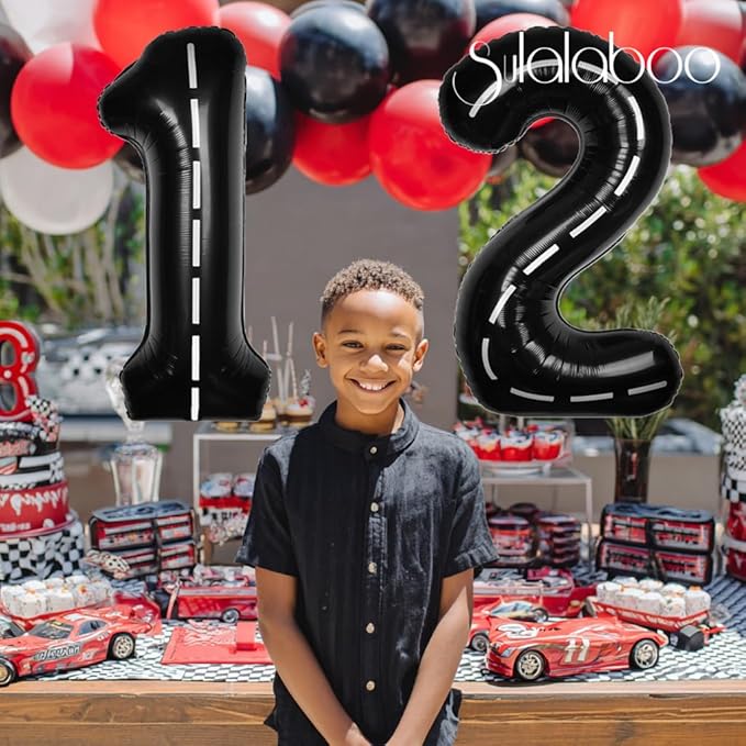 Race Car 40Inch Black 12 Balloon Number Large Helium Race Track 0-9 Giant Digital 12th Foil Mylar Big Party Number Balloons for Boy Birthday Car Theme Party Anniversary Graduation Decorations