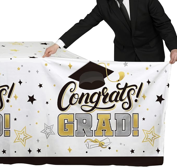 Gatherfun Graduation Decorations 2026-2 Pcs Black and Gold Gongrats Grad Tablecover for Graduation Party Decorations，Grad Plastic Table Covers 54"x108"