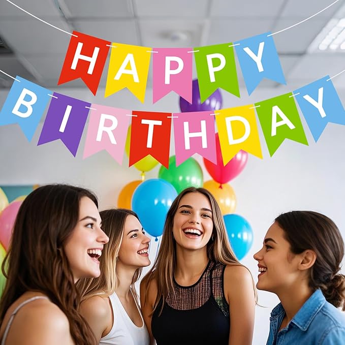 Happy Birthday Banner Sign, Birthday Garland Wall Door Hanging Banners Flag for Women Men Boys Girls Party Backdrop Decorations, Personalized Name Banner White Letters Multicolor