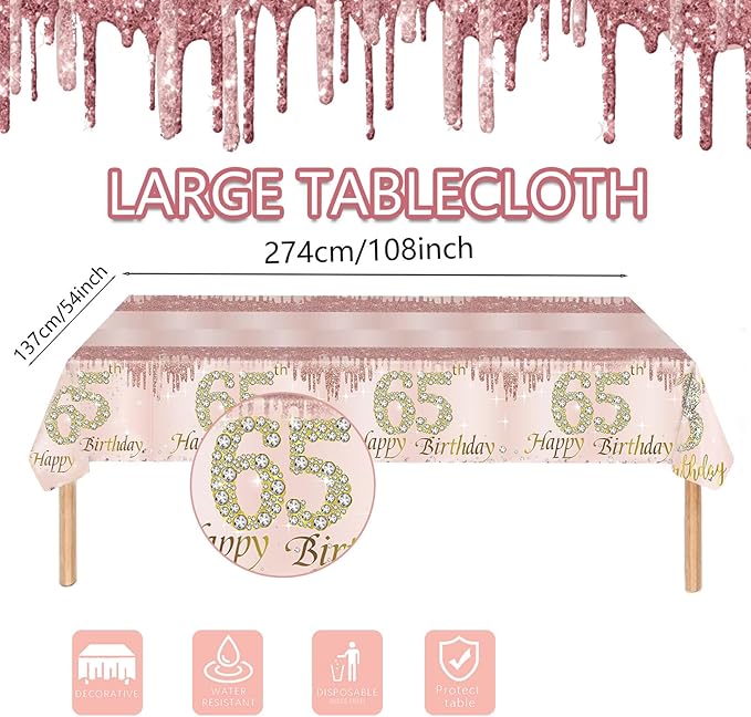 121Pcs 65th Birthday Party Supplies Plates Napkins Cups Forks Tablecloth Rose Gold Happy 65th Birthday Themed Disposable Tableware Decorations Serves 24 Guests for Women Ladies 65 Years Old Birthday