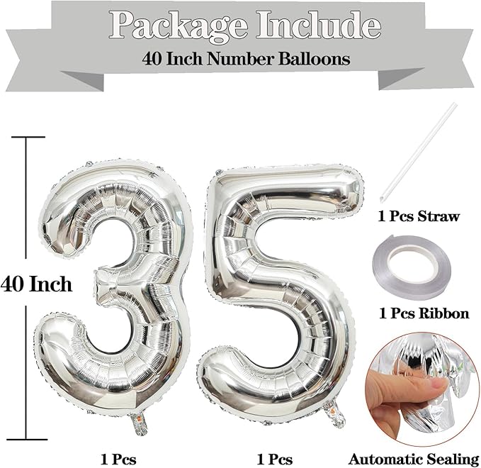 Giant Silver Number 35 Balloons, 40 Inch Jumbo Number 35, Large Foil Mylar Balloons for Girls Women 35th Birthday Party Decorations, 35 Anniversary Events Decorations