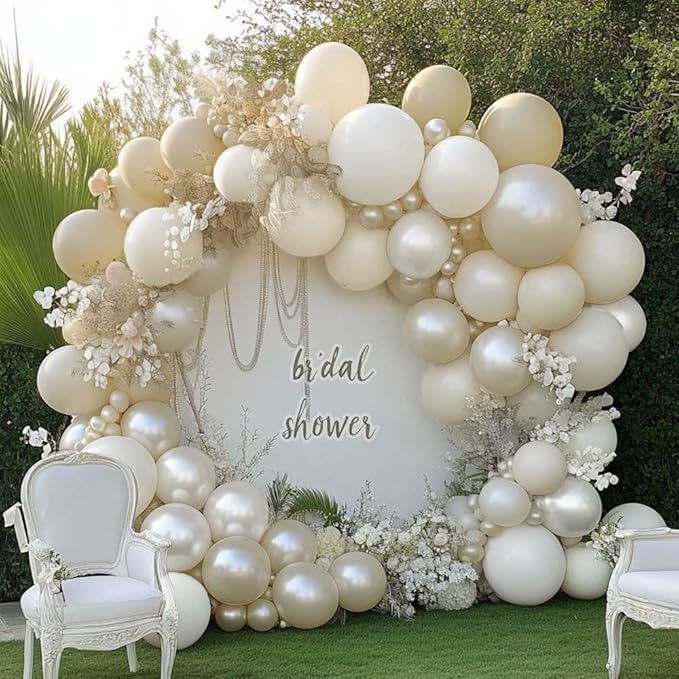 Sand White Pearl Balloon Arch Double Stuffed Pastel Cream Beige Nude White Latex Balloon Garland Kit for Neutral Bridal Wedding Engagement Baptism Birthday Valentines Party Decoration