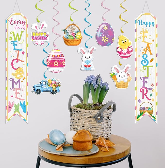 YEIRFYY Easter Decorations Set Happy Easter Banner Colorful Egg Garland Bunny Hanging Swirl Decorations Welcome Porch Banner Spring Paper Fan for Home School Fireplace Ceiling Party Decorations