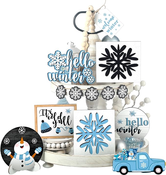 Winter Tiered Tray Decor Winter Snowman and Snowflakes Wooden Signs Farmhouse Tiered Tray Decorations Set Wood Table Decor for Holiday Home Kitchen(Retro Style)
