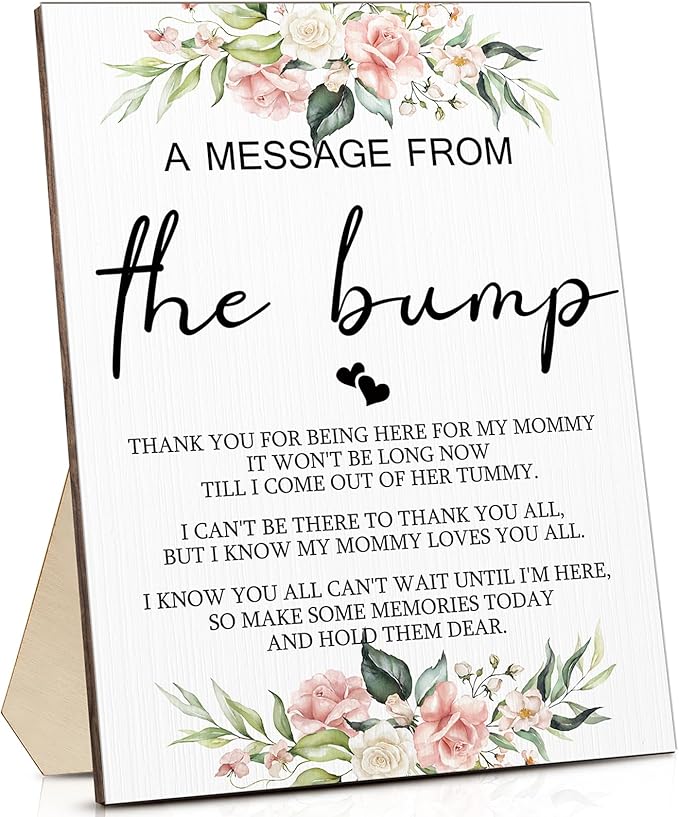 Roowest Cool Baby Shower Tabletop Decoration a Message from the Bump Wooden Baby Shower Games Sign Greenery Cute Gender Reveal Party Thank You Sign, 11.2 x 8.66 Inches(Floral)