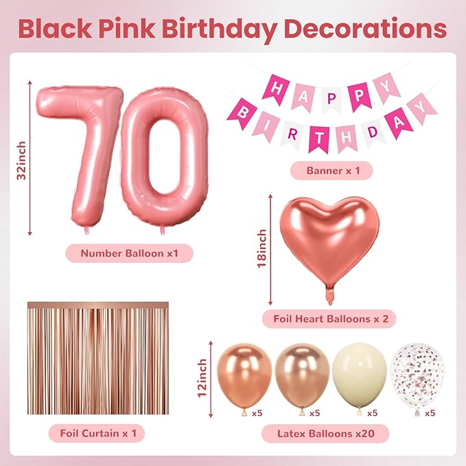 70th Birthday Decorations for Women, Rose Gold and Pink Party Supplies Set with Happy 70th Banner, Number 70 Balloon and Foil Fringe Curtains, 70 Year Old Kit