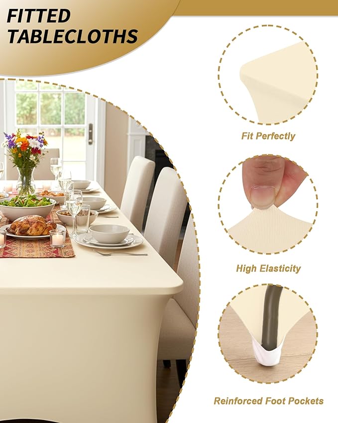 Fixwal 3 Pack Ivory Table Cloths Rectangle 8FT, Tablecloths Rectangular Stretch Spandex Fitted Table Covers 8ft for Parties, Trade Shows, Banquet, Weddings, Buffet, Graduation