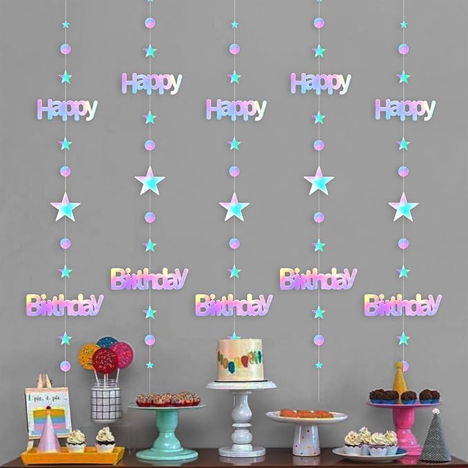 Happy Birthday Banner, Birthday Decorations for Girls & Women, Iridescent Holographic Circle Dot Star Garland Sign Hanging Bunting Streamers Party Backdrop Decor, Aurora Rainbow Effects