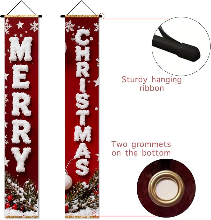 Nuxovilar Merry Christmas Snowflake Decor Polyester Banner 12x70.86 Inches Christmas Door Banner, Festive Home Decor for Living Room, Porch, Holiday Parties