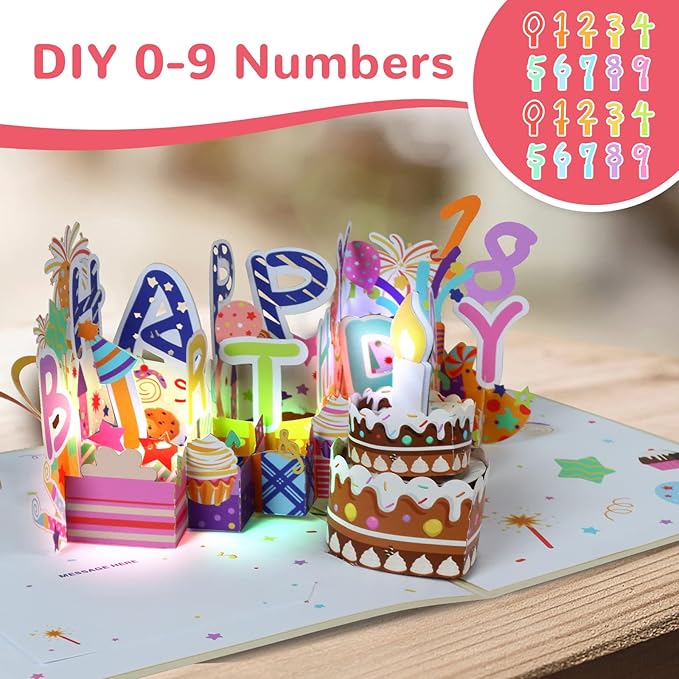 3D Musical Birthday Card, Blowable LED Light Candle, 3D Birthday Popup Cards with DIY 0-9 Numbers, Blow Out Led Light Candle, and Play Happy Birthday Music for Kids Men and Women