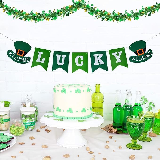 50 Ft St Patricks Day Garland Decorations,Lucky Gold Green Irish Shamrock Hat Glitter Tinsel Garland Hanging Decor for Tree Mantle Holiday Party Bedroom Office Classroom Indoor Outdoor