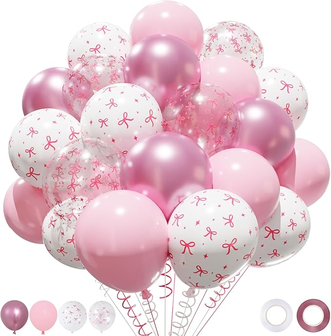 Patimate Pink Bow Balloons Set, 50 pcs 12 inch Metallic Pastel Pink White Transparent Bow Print Balloons Kit for Coquette Birthday Baby Shower for Girls Women Wedding Bridal Shower Party Decorations