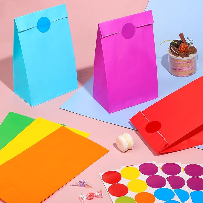 Cooraby 30 Pack Rainbow Gift Bags Candy Paper Bags with Stickers 5.1 x 3.1 x 9.4 Inches Snack Sweet Craft Bags for Birthday Wedding Party Anniversaries with 48 Stickers