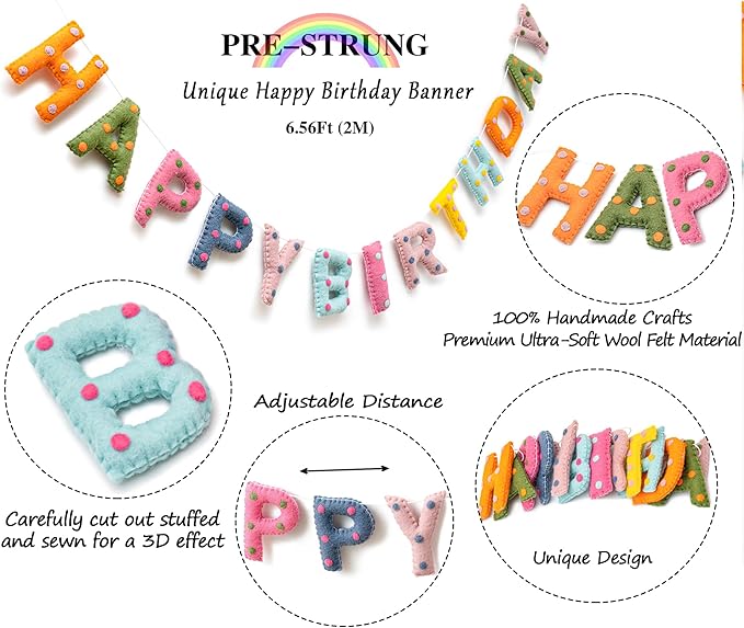 Pre-Strung Handmade Wool Felt Colorful Happy Birthday Banner, Unique 3D Confetti Dots Happy Birthday Garland Decor, Reusable Happy Birthday Sign for Boho Rainbow Party Backdrop Decorations