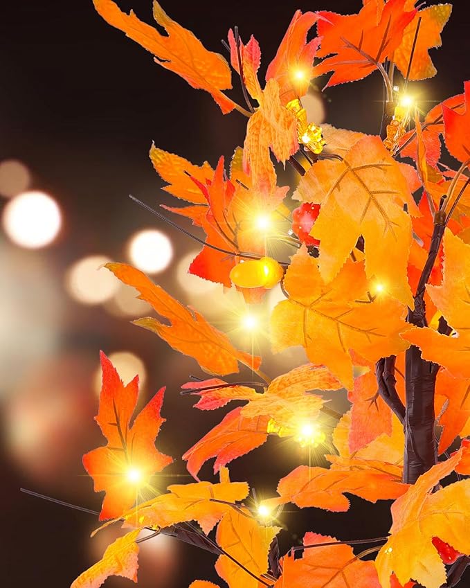 Fall Maple Tree Light 2 Pack, Fall Decorations USB & Battery Operated Light Up Artificial Pumpkins Maple Acorn Tree for Fall Halloween Thanksgiving Table Harvest Home Indoor Decoration