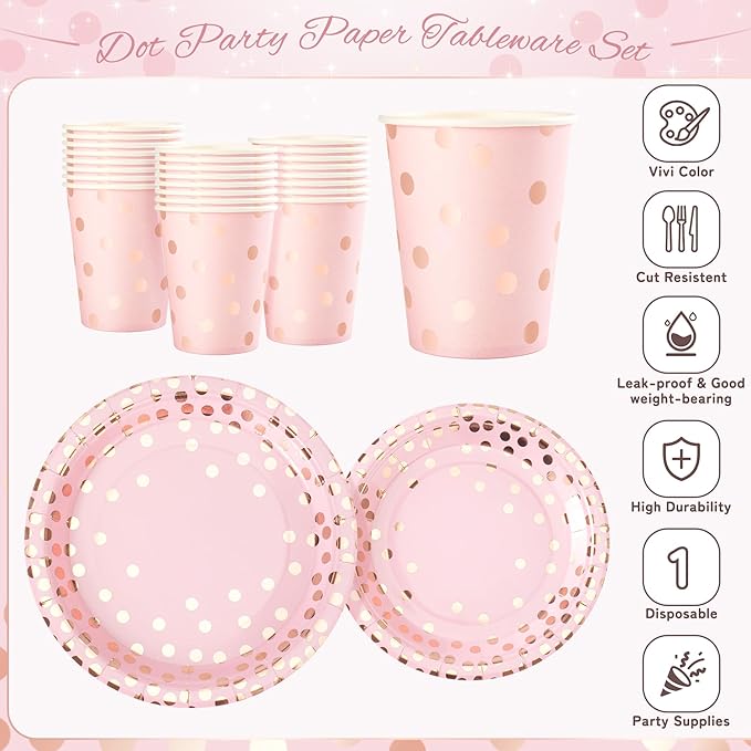 Pink and Rose Gold Dots Plates Set for 24 Guests, 168PCS Disposable Dinnerware,Party Supplies Paper Plates Napkins Cups Pink Cutlery for Birthday Baby Shower Wedding Graduation Retirement Anniversary