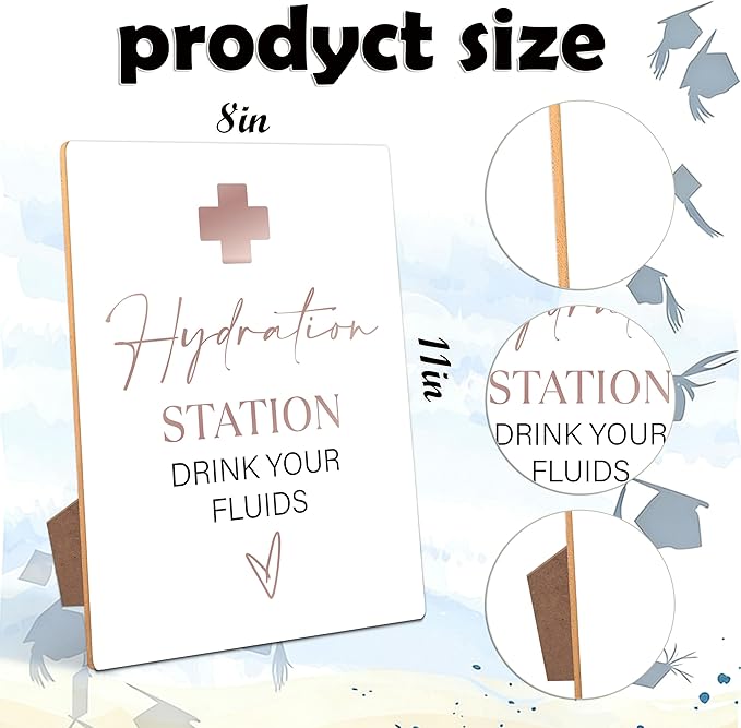 Graduation Hydration Station Bar Sign - Ornaments for Nurse Doctor Retirement Party, Graduation Centerpieces for Tables 2026, 8×11 Wooden Sign with Stand