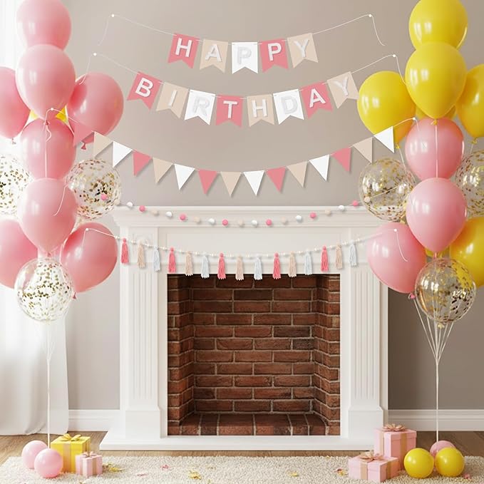 139 Pcs Felt DIY Custom Banner Kit Include 104 Letters 18 Swallowtail Flags 15 Pennants 2 Pcs Pom Pom Garland Tassel Pompom Decoration for Home Baby Shower Birthday(Baby Pink)