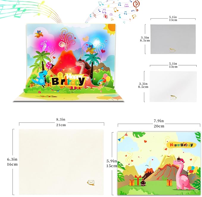 GREETING ART 3D Pop Up Birthday Cards, Dinosaur Musical Birthday Card, Birthday Cards With Music and Lights, Happy Birthday Card for Kids, Boys, Girls, Women, Men