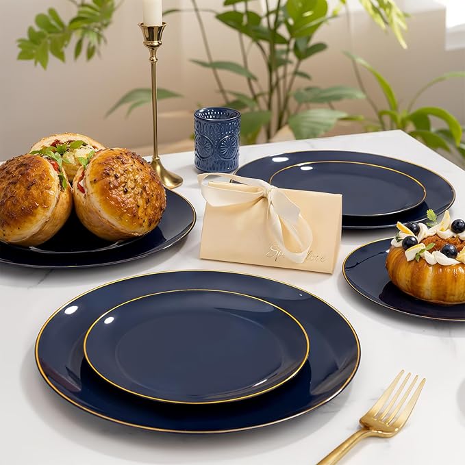 bUCLA 150PCS Blue and Gold Plastic Plates - 25 Guests Navy Blue Plastic Dinnerware Disposable for Party and Passover - Include 25 Dinner/Dessert Plates, 25 Knives, 25 Forks, 25 Spoons, 25 Cups