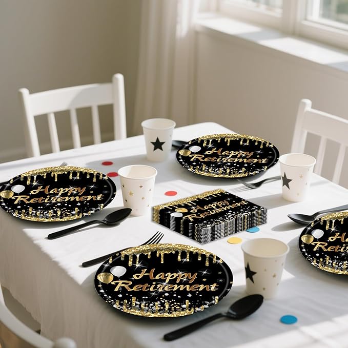 72Pcs Happy Retirement Party Decorations - Retirement Party Supplies Plates and Napkins Sets with Forks, Disposable Black Gold Tableware Set