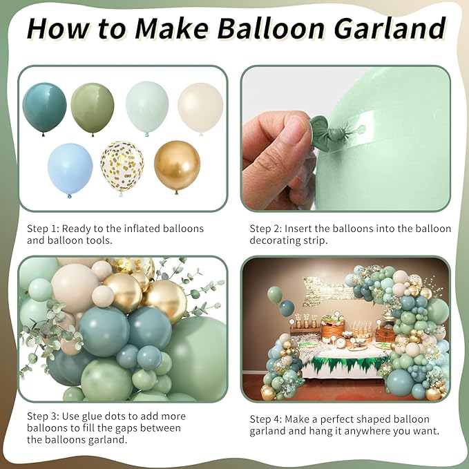 122Pcs Dusty Blue Sage Green Balloon Garland Kit, Pastel Olive Green Slate Blue Beige Metallic Gold Confetti Balloon Arch Kit for Women Men Boho Birthday Wedding Baby Shower Party Decorations