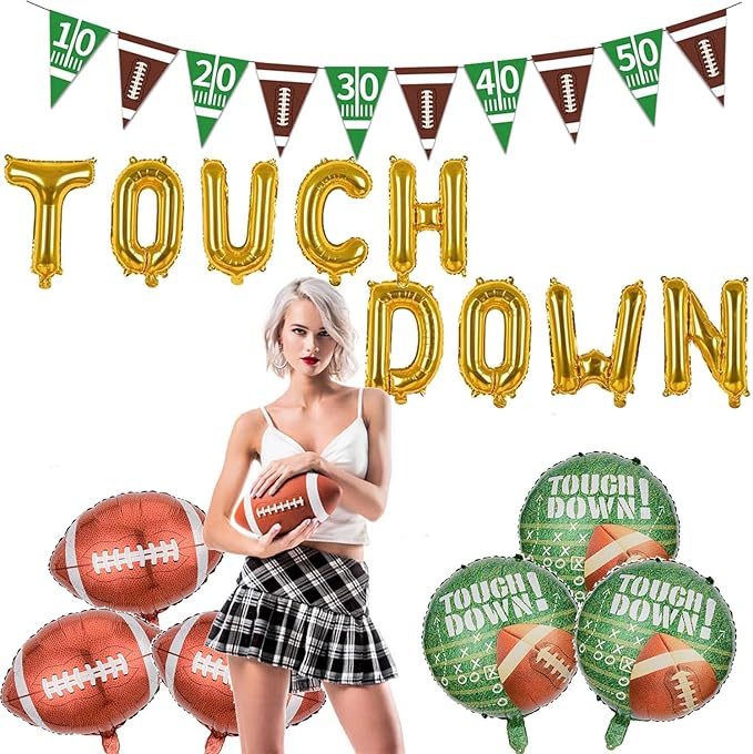 Football Balloons Gold Touchdown Letter Balloons Round Touchdown Balloons and Banner for Football Birthday Party Decoration Game Day Tailgate Party Decorations Theme Supplies Balloon Sets-16 PCS