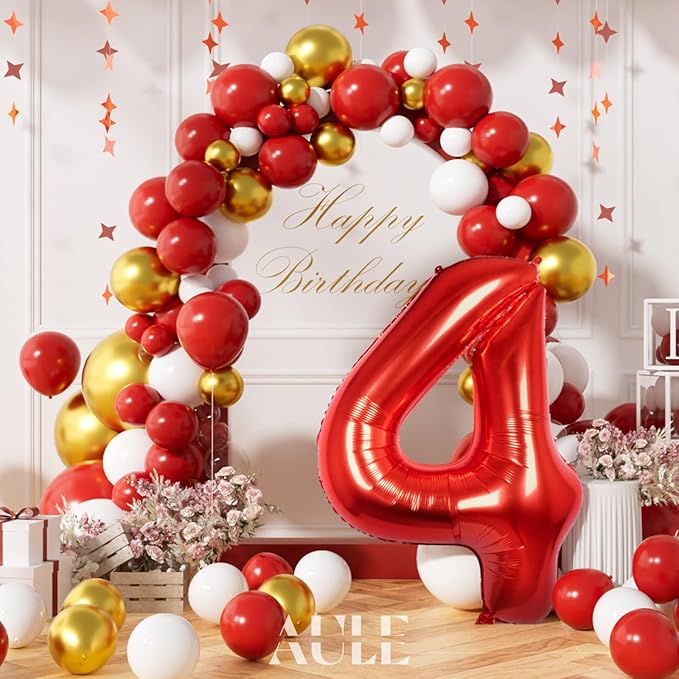 AULE 40 Inch Big Red 4 Balloon Number Large Foil Helium Number Balloons 0-9 Jumbo Giant Happy 4th Birthday Party Decorations for Boy or Girl Huge Mylar Anniversary Party Supplies