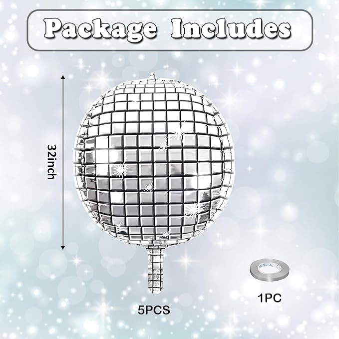 Disco Ball Balloons 32 Inch 5 Pcs 4D Ball Balloons Metallic Silver Disco Mylar Balloon Chrome for Birthday Bachelorette 70s 80s 90s Themed Graduation Retro New Year Eve Prom Party Decorations