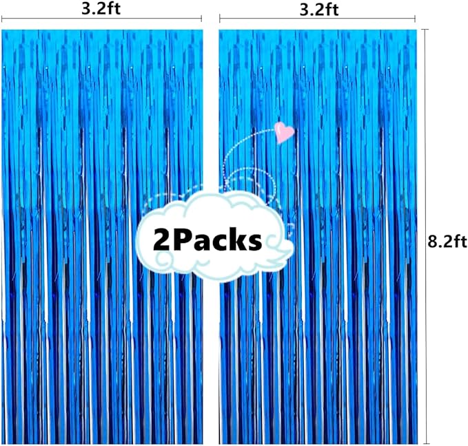 2 Pcs 3.2ft x 8.2ft Shiny Blue Metallic Tinsel Foil Fringe Curtains Photo Booth Backdrop for Birthday Wedding Holiday Celebration Bachelorette Party Décor