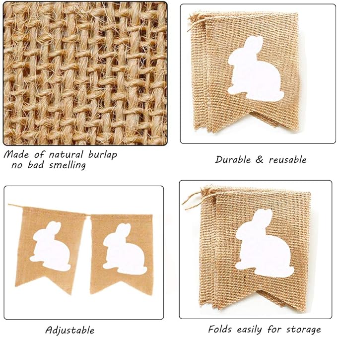 Easter Burlap Banners Decoartions, Rustic Rabbit Bunny Burlap Garland Banners for Easter Day Decorations Happy Easters Day Home Office School Party Supply
