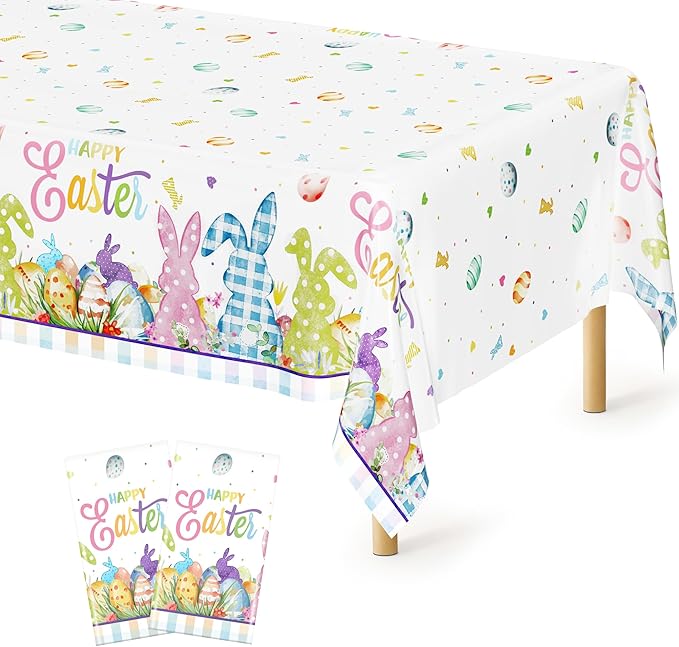 2 Pack Easter Tablecloth, 54" x 108" Easter Decorations, Rectangular Spring Tablecloths for Party Supplies, Colorful Eggs Bunny Flower Disposable Plastic Table Cloths for Easter Decorations for Home