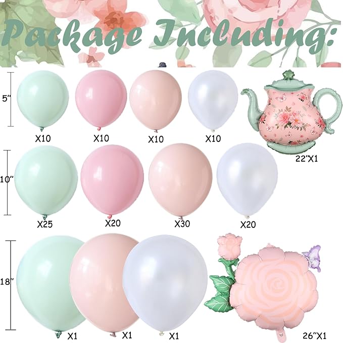 Spring Tea Party Decorations 139pcs Pastel Floral Balloon Garland Arch Kit with Pink Green Teapot and Floral Mylar Balloon for Let's Par-Tea Birthday Spring Garden Mothers Day Tea Party Decor