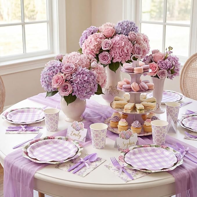 Shellwei 410 Pcs Purple Hydrangea Tea Party Decorations Elegant Floral Paper Plates and Napkins Set Disposable Party Tableware Sets with Cups Knives Forks Spoons Seat Card Favors for 50 Guests