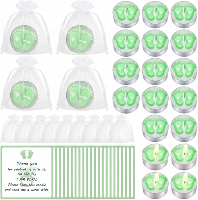 Treela 20 Sets Baby Shower Party Favors Green Tea Lights Candles with Organza Bag for Guests Cute Feet Shaped Burning Thank You Tags Return Gifts Keepsakes for Baby Shower Gender Reveal Party