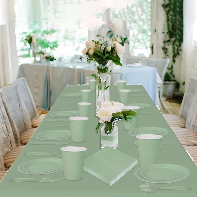 177 PCS Sage Green Party Supplies Sage Green Tableware Set Paper Plates Napkins Cups and Disposable Tablecloths for Wedding Bridal Shower Birthday Baby Shower Party Decorations, Serves 25