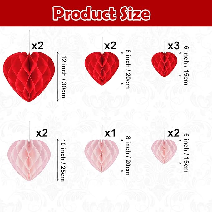 12 Pcs Heart Honeycomb Ball Heart Shaped Hanging Paper Pom Poms Decorations Valentines Photo Backdrop Decor Birthday Wedding Baby Shower Party Supplies