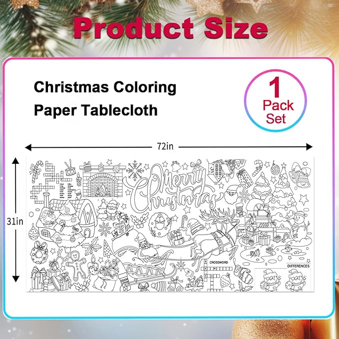 JUNQIU Christmas Coloring Tablecloth for Kids, 72 x 31Inches Giant Coloring Poster Banner - Christmas Crafts, Activities for Kids, Paper Color Tablecloths