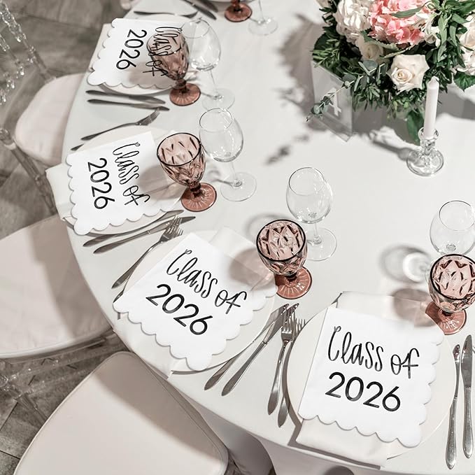 100 Pcs Class of 2026 Graduation Cocktail Napkins 5 x 5 Inch Congrats Grad Scalloped Paper Napkins for Dinner Beverage Graduate Decorations(Black)