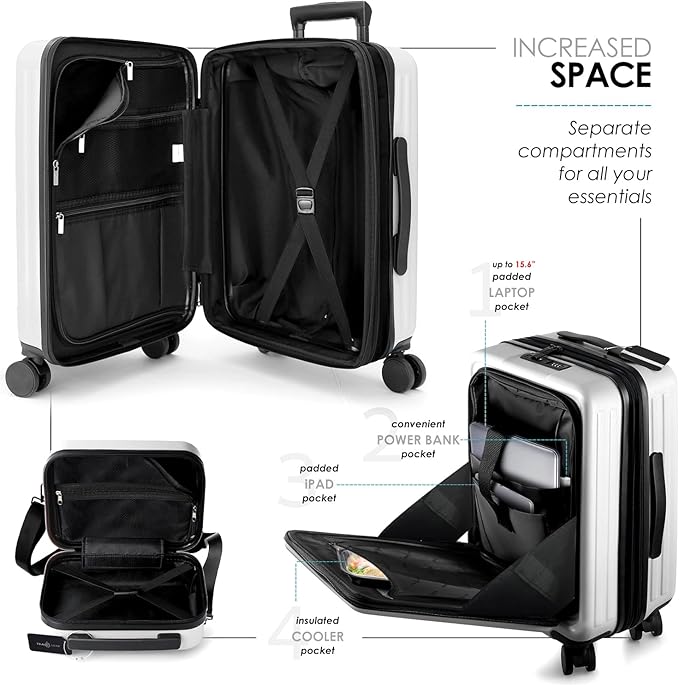 TRAVELARIM 20 Inch Carry On Luggage 22x14x9 Airline Approved, Carry On Suitcase with Wheels, Hard-shell Carry-on Luggage, Durable Luggage Carry On, White Small Suitcase with Cosmetic Carry On Bag