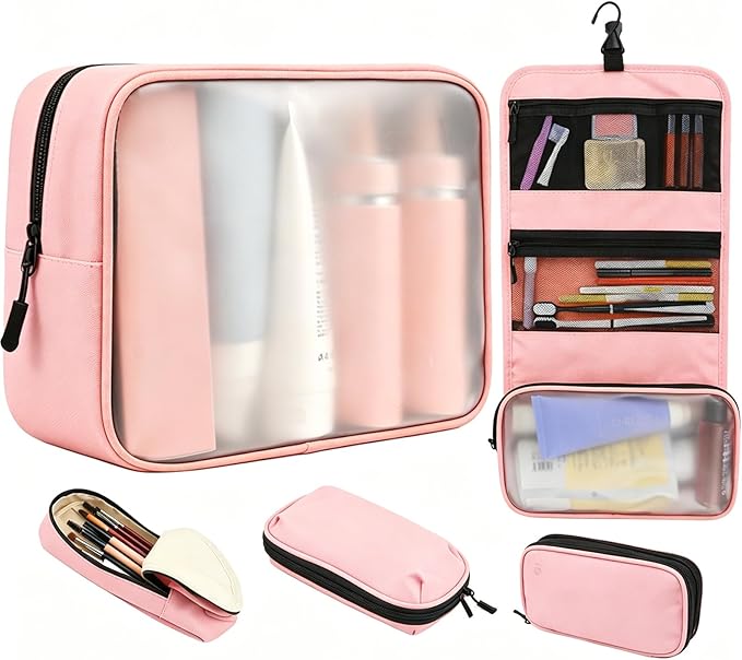 Travel Toiletry Bag Set for Women, Compact Size 5-Piece Hanging Organizer Kit with TSA Approved Cosmetic Bag, Jewelry Case & Cable Pouch, Waterproof Makeup Bag for Travel Essentials- Pink