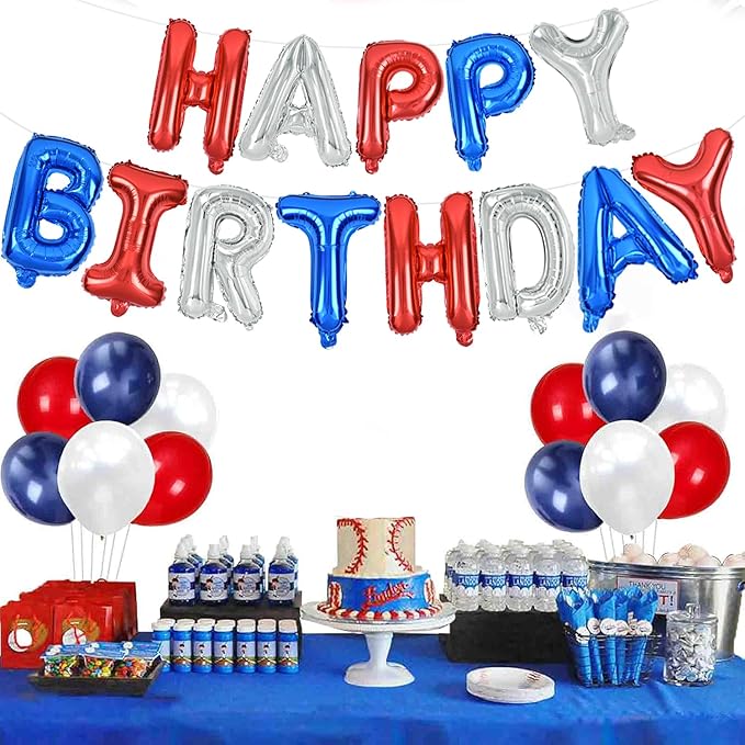 TONIFUL Happy Birthday Balloons Banner 16 Inch Mylar Letters Birthday Sign Banner Balloon Bunting Reusable for Patriotic Party Supplies Independence Day Labor Day Birthday Party（Blue Silver Red）